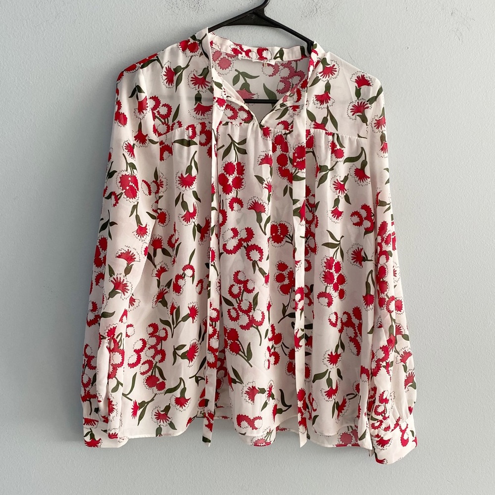 After Market White and Red Floral Print Long Sleeve Blouse